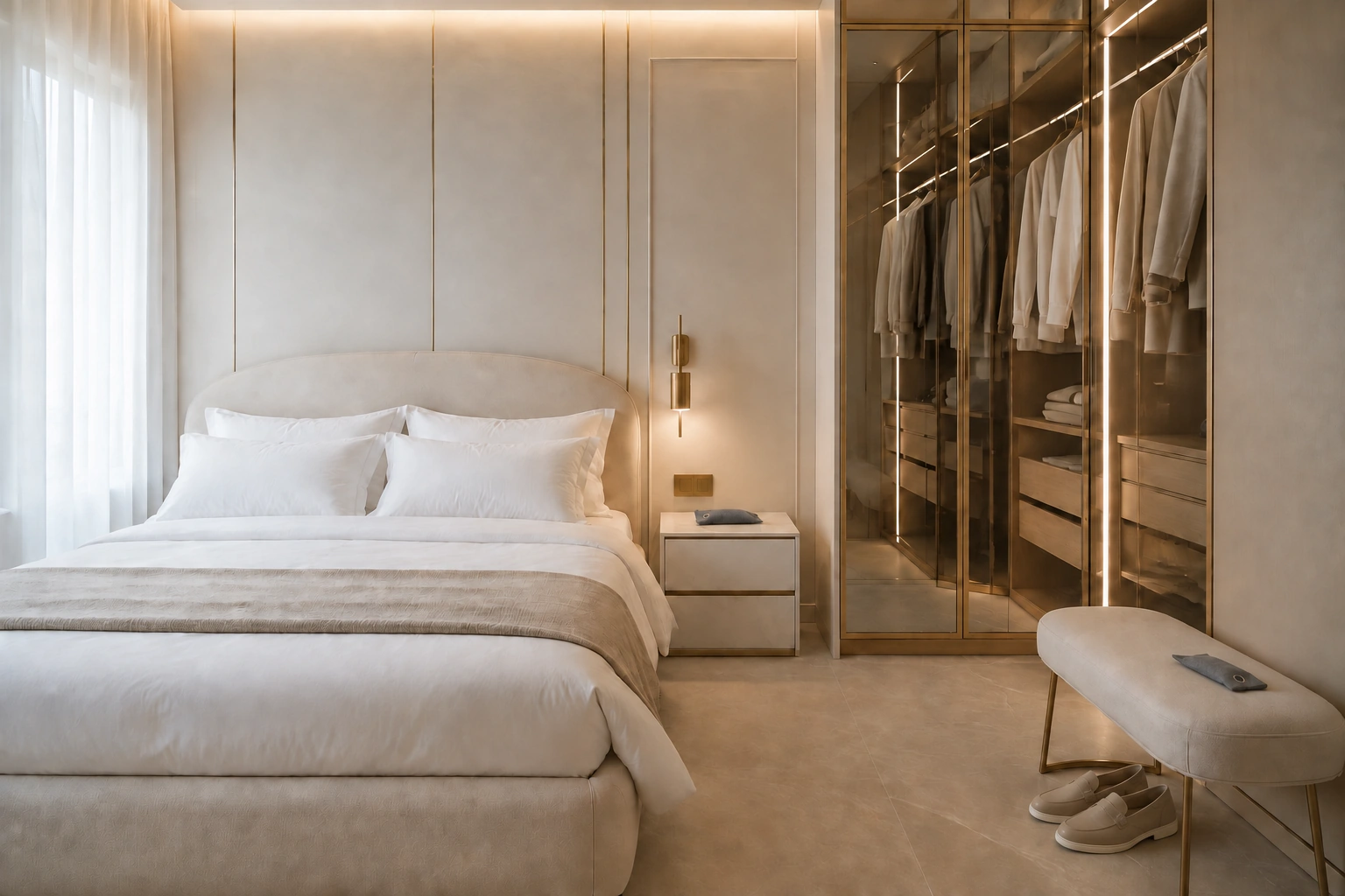 A white and champagne hotel-style bedroom with small bamboo charcoal pouches lying flat on the bedside table and bench.